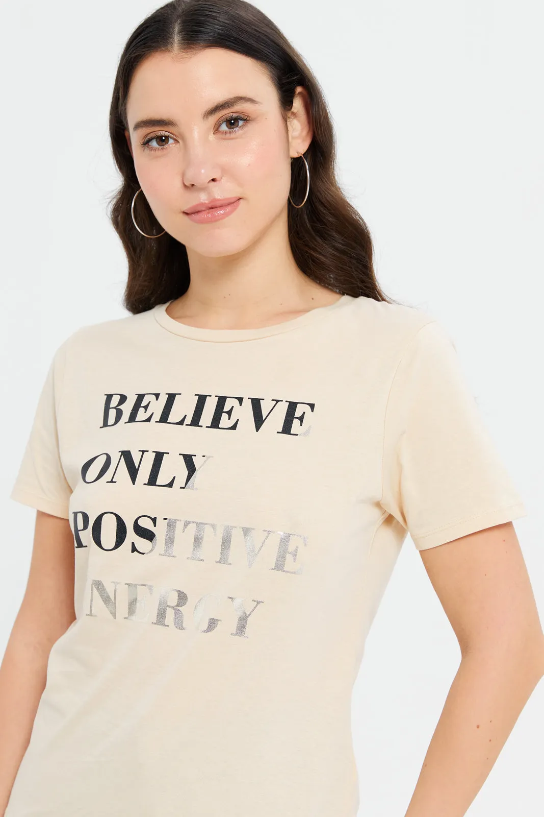 Women Beige Foil Printed T-Shirt