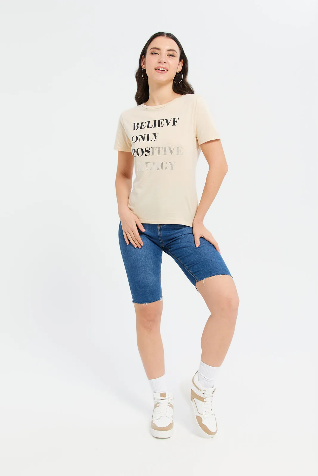 Women Beige Foil Printed T-Shirt