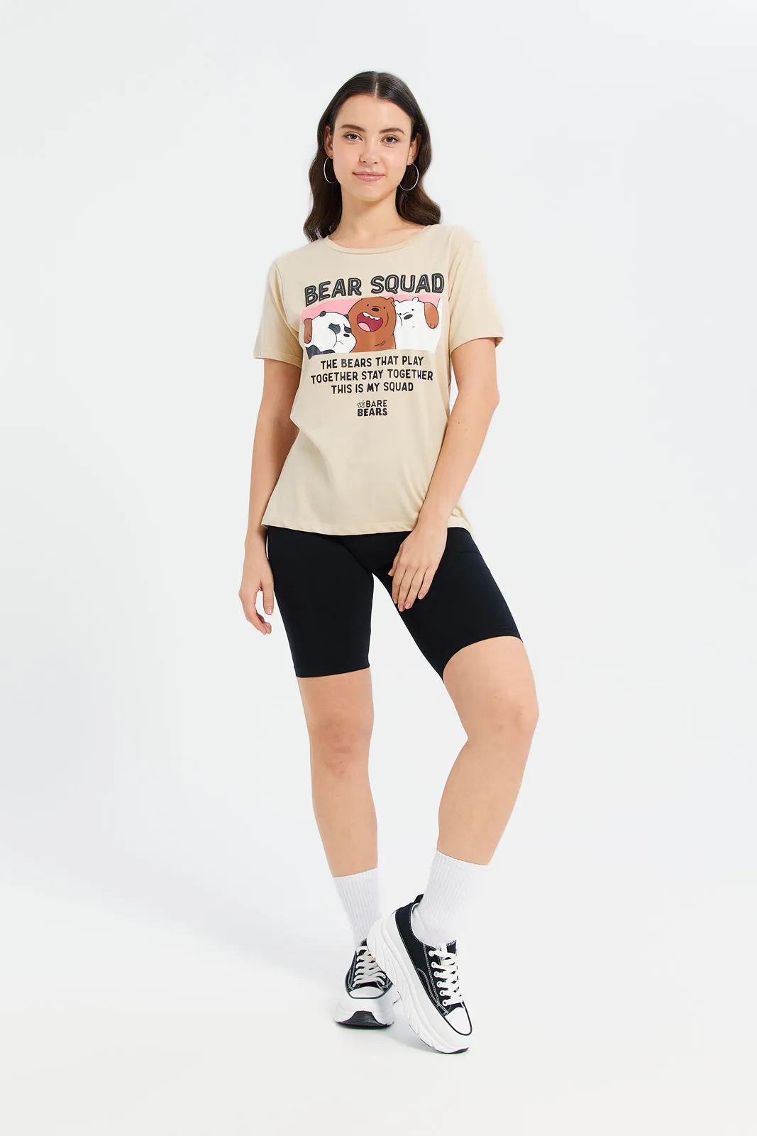 Women Beige We Bare Bears Printed T-Shirt