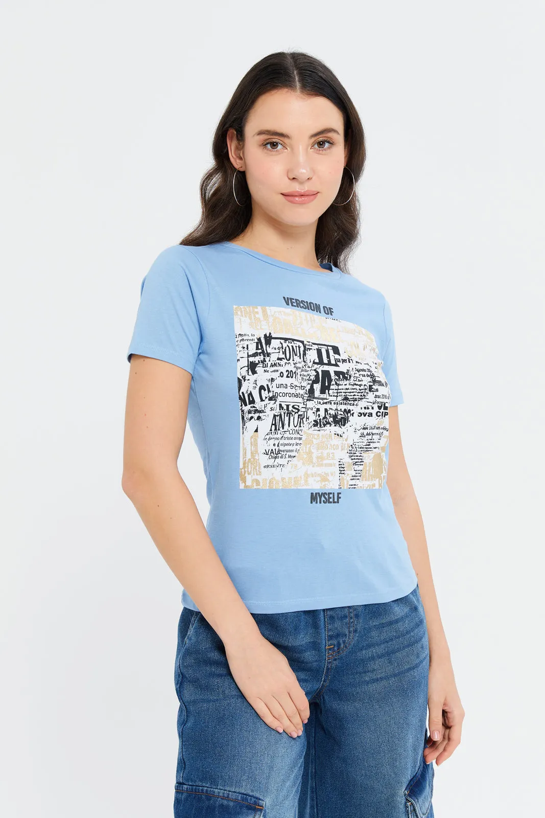 Women Blue Foil Printed T-Shirt