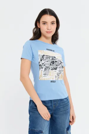 Women Blue Foil Printed T-Shirt
