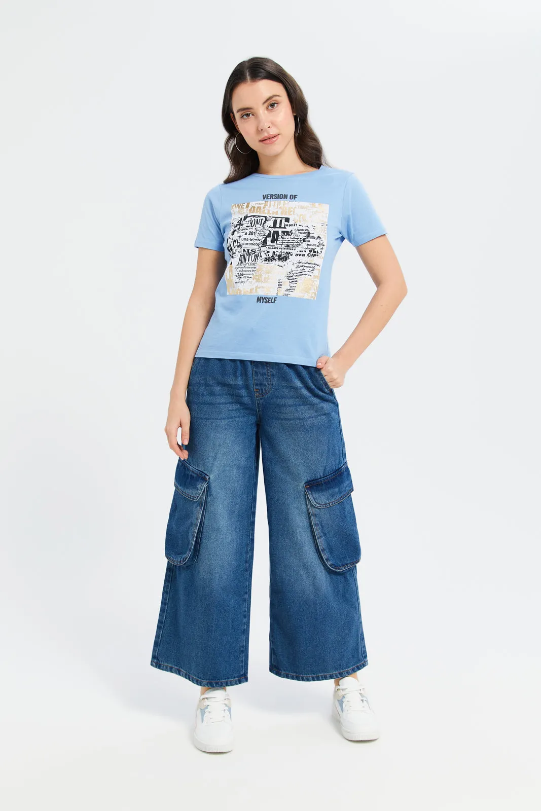 Women Blue Foil Printed T-Shirt