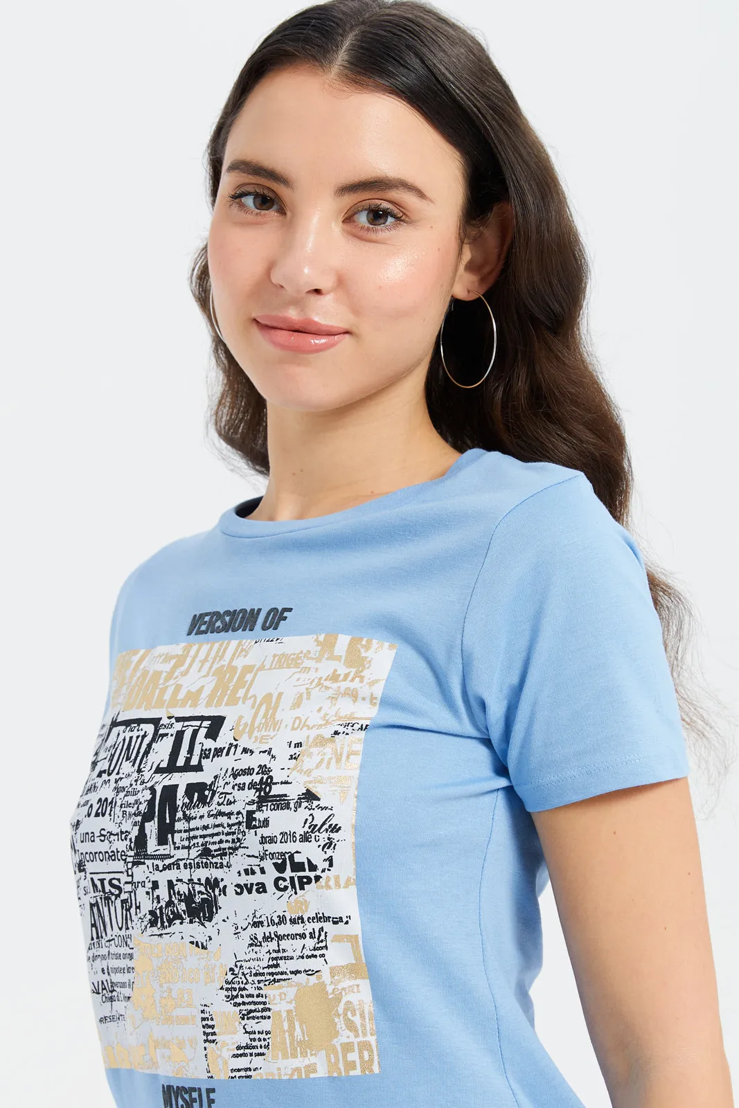 Women Blue Foil Printed T-Shirt