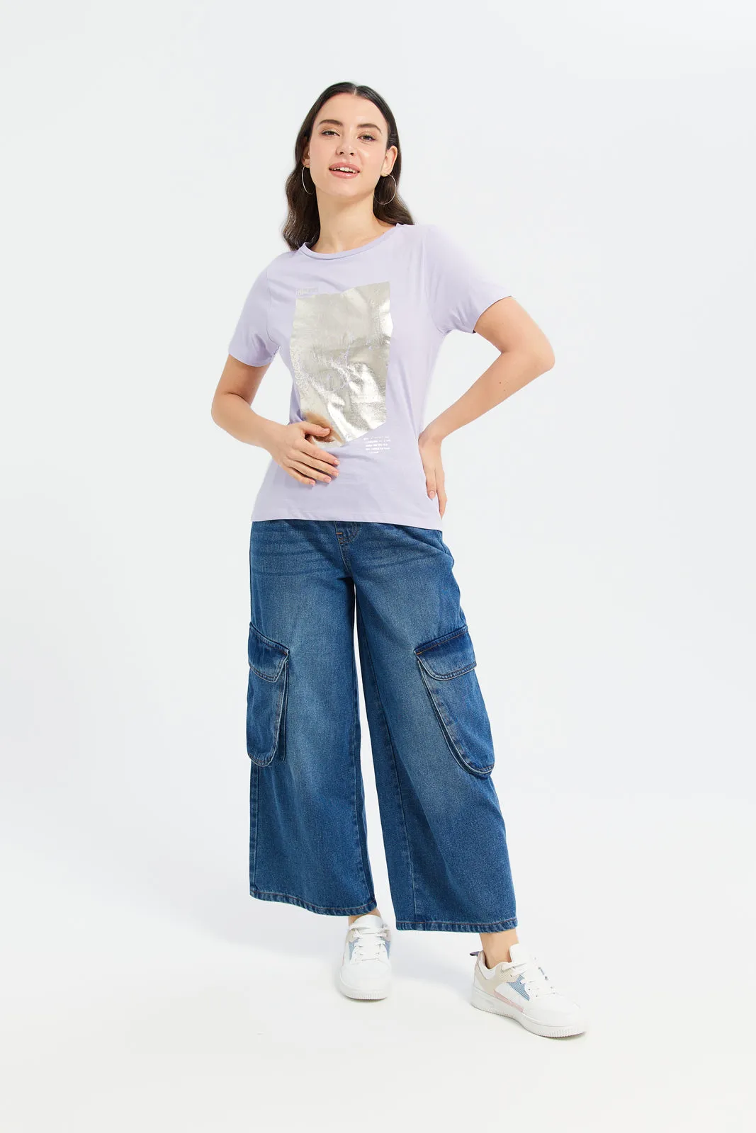 Women Lilac Foil Printed T-Shirt