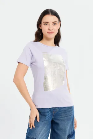 Women Lilac Foil Printed T-Shirt