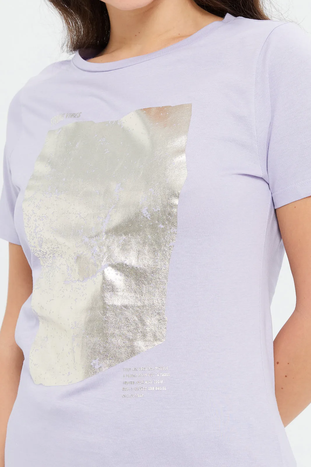 Women Lilac Foil Printed T-Shirt