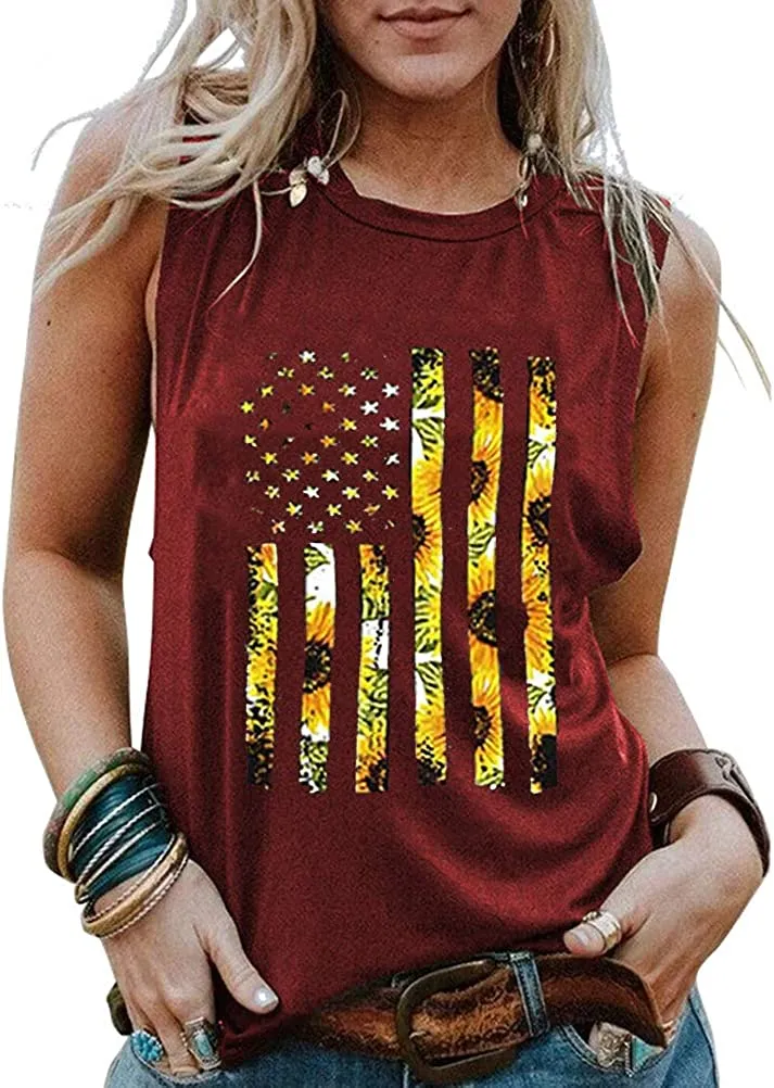 Women Sunflowers American USA Flag Patriotic Tank 4th of July Tank Top for Women