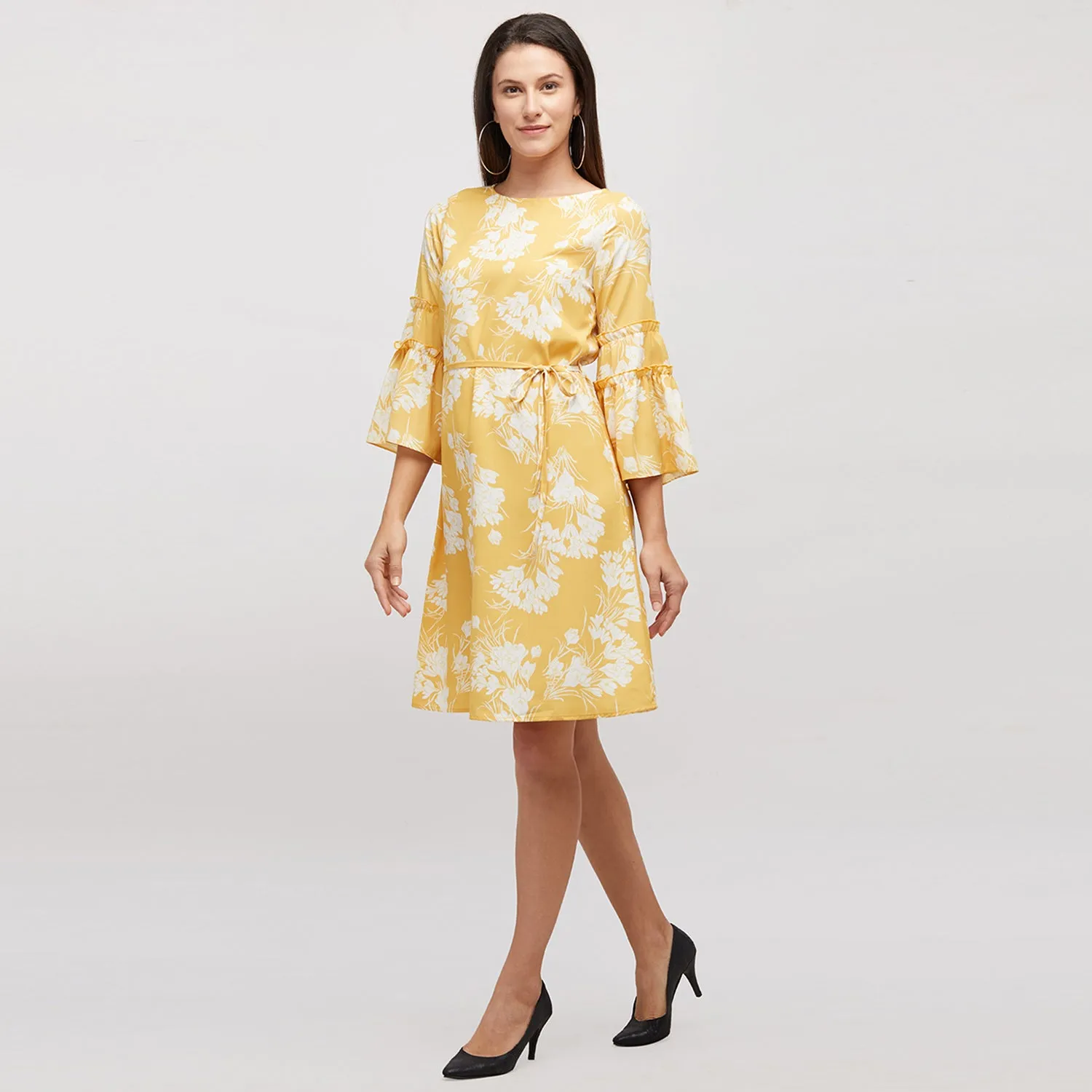 Yellow Printed Dress With Bell Sleeves