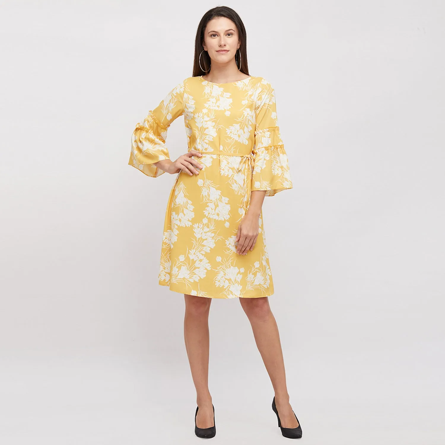Yellow Printed Dress With Bell Sleeves