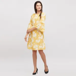 Yellow Printed Dress With Bell Sleeves