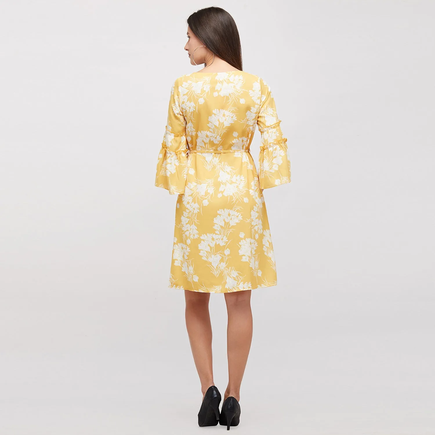 Yellow Printed Dress With Bell Sleeves